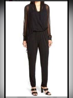 Kobi Halperin Anastasia Black Silk Blend Sheer-Sleeve Jumpsuit Xs